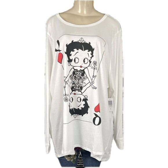 Betty Boop +4 White Crew Queen Of Hearts Playing Card Graphic Long Sleeve Tee - Picture 2 of 6